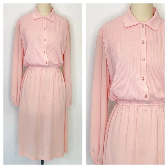 American Vintage Dresses & Skirts - Vintage 70s Nylon Shirt Dress Size Small Collared Pastel Pink Academia Secretary